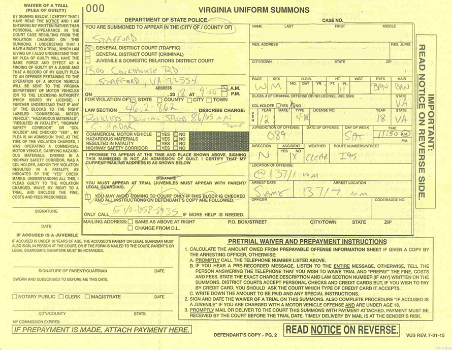 driving reckless virginia ticket example andrew charge flusche